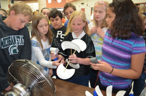 Students test their wind turbine designs.