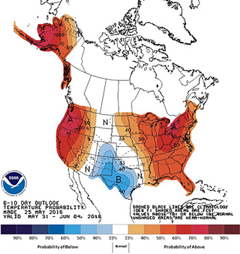 NOAA's 6-10 day outlook temperature and precipitation probability maps. 
