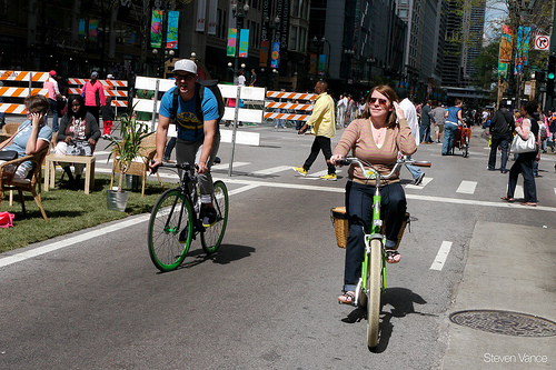 Cyclists biking on the street
