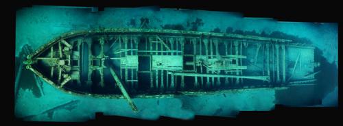 The image of the wreck E.B. Allen is pieced together through a process called photomosaic