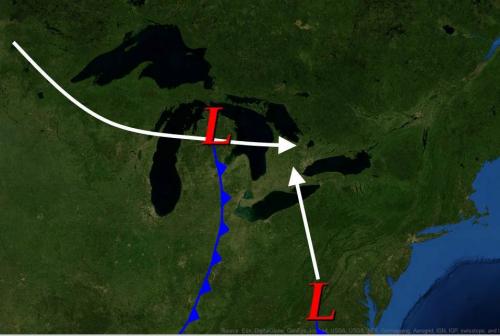 Converging storm fronts map of 1913 Great Storm in the Great Lakes image.