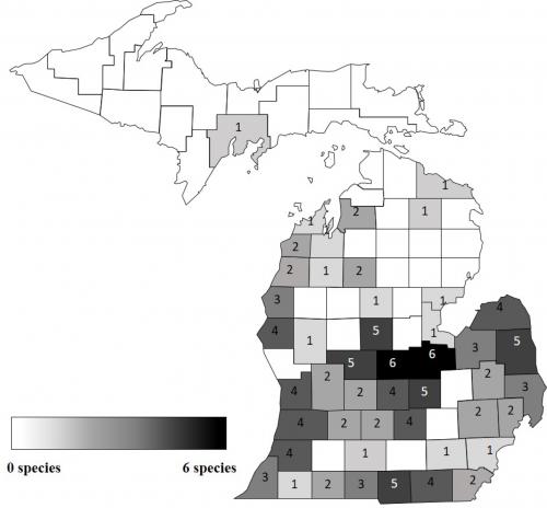 Map of Number of herbicide-resistant weed species in Michigan by county