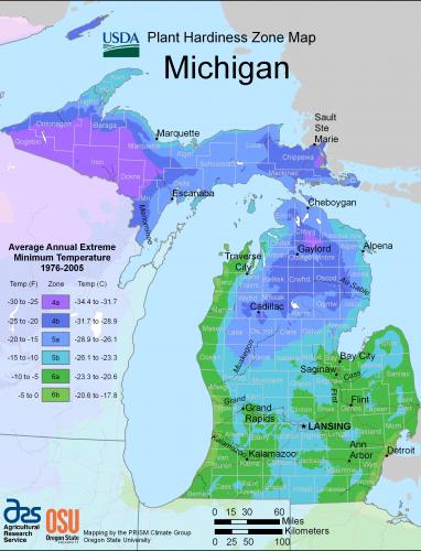 Michigan plant hardiness zone map