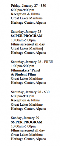 a list of scheduled times for film showings